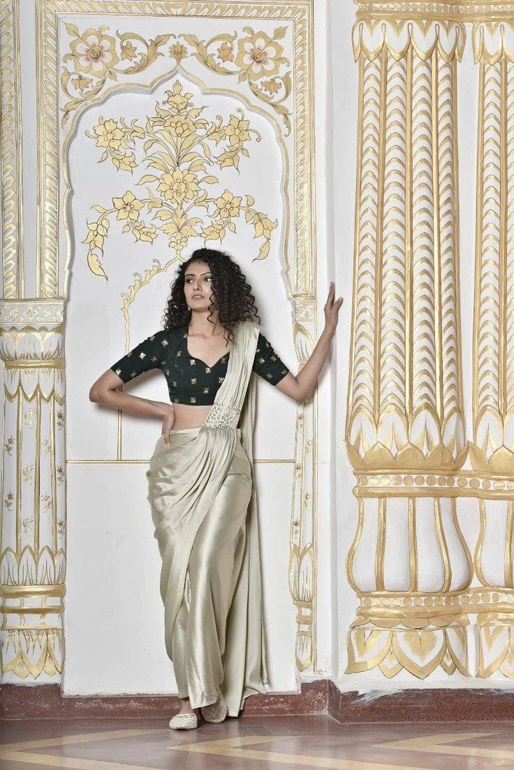 Oyster Grey Satin Drape Saree - Trendroots Tissue Silk Palazzo Set With Zari Work, Festive Tissue Silk Palazzo Set, Designer Silk Draped Saree, Pre-draped Georgette Saree With Gota Work, Georgette Pre-draped Saree With Gota Work, Navratri Silk Palazzo Set With Traditional Drape, Designer Draped Traditional Wear With Resham Embroidery, Silk Blouse Piece With Gota Work For Reception, Transitional Saree With Gota Work