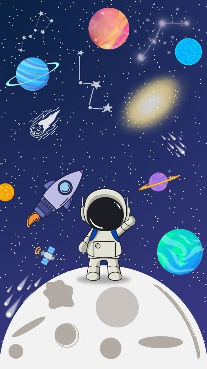 an astronaut is standing on the moon with his arms in the air and looking at planets