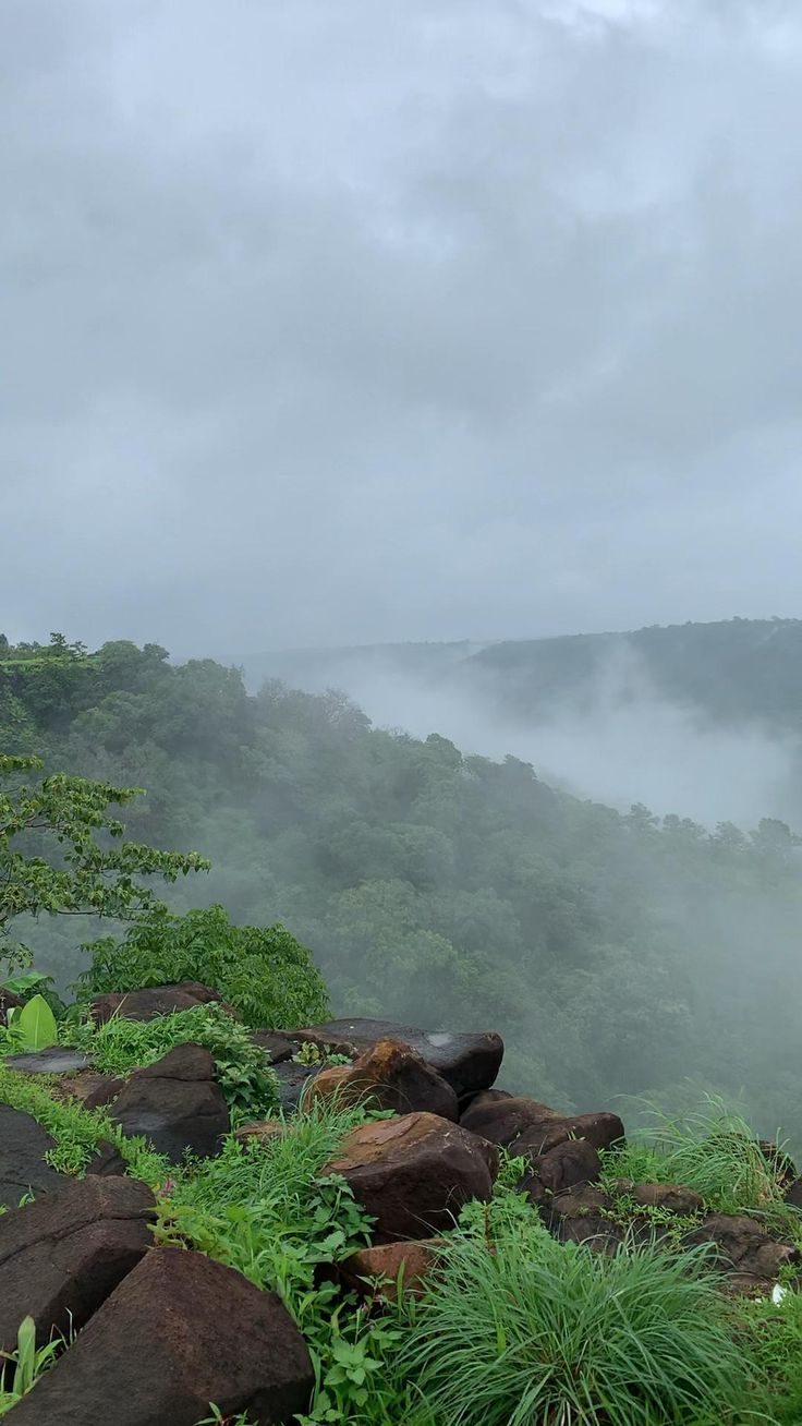 the fog is rolling in over the mountains and valleys on a cloudy day with green plants