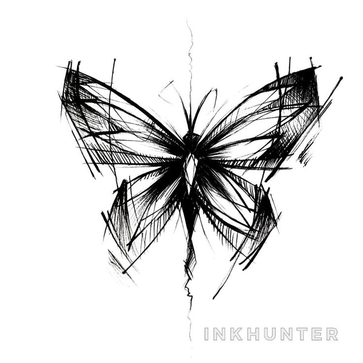 a black and white drawing of a butterfly with the words ink hunter written on it