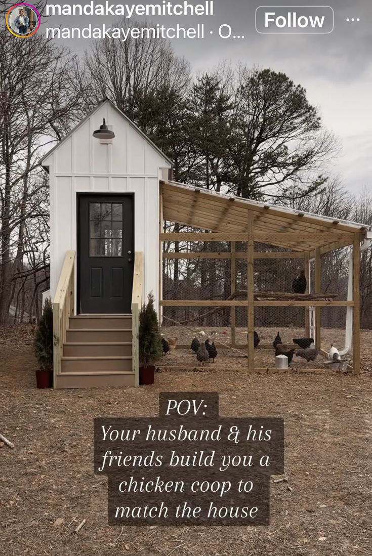 a chicken coop with stairs leading up to the door and chickens in the yard behind it