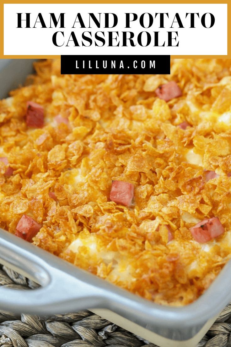 ham and potato casserole in a baking dish on a wicker place mat