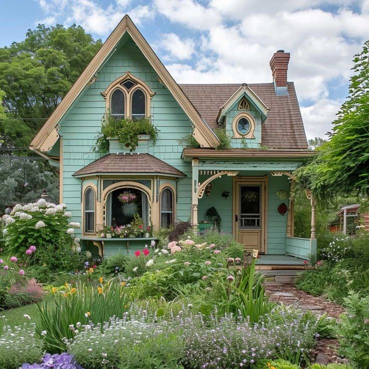 a green house with lots of flowers in the front yard and bushes on the side