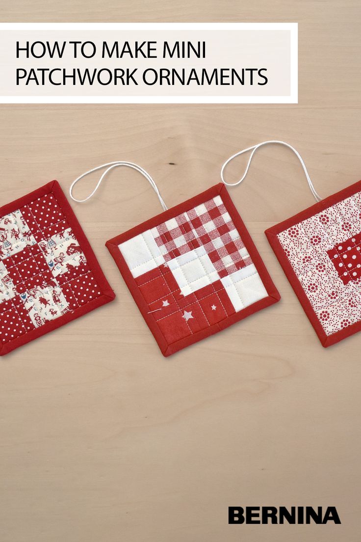 three red and white patchwork coasters with the words how to make mini patchwork ornaments