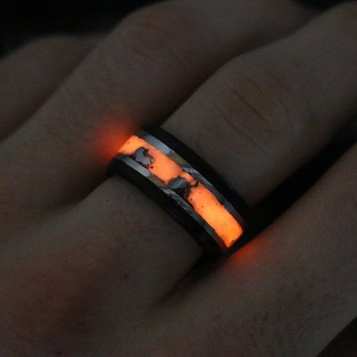 Solid Fire Opal Wedding Band With Unique Hammered Finish - Etsy Black Silver Wedding, Glow Wedding, Opal Wedding Band, Dark Rings, Carbon Fiber Rings, Opal Wedding, Black Wedding Band, Meteorite Ring, Mens Engagement