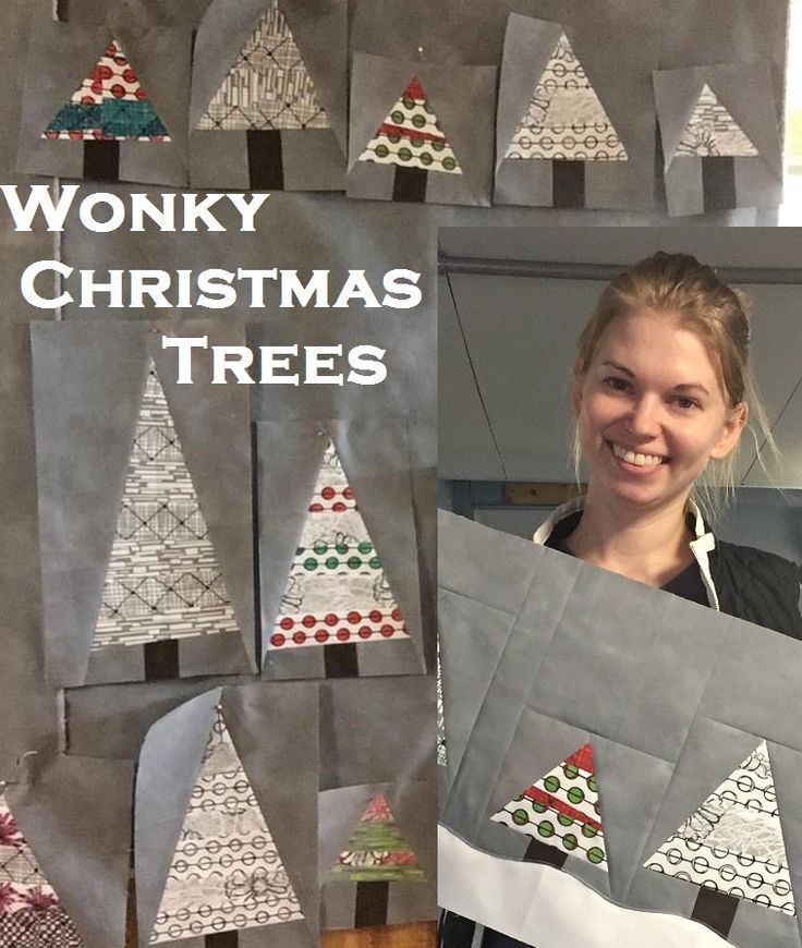 a woman holding up a piece of paper with christmas trees on it and the words wonky christmas trees