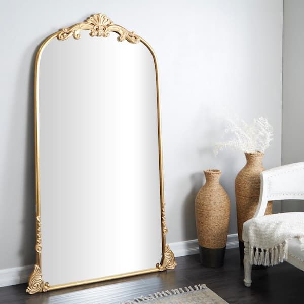 Litton Lane 72 in. x 42 in. Tall Ornate Arched Acanthus Oval Framed Gold Scroll Wall Mirror 043305 - The Home Depot Arched Floor Mirror, Gold Mirrors, Full Length Floor Mirror, Kelly Clarkson Home, Arched Mirror, Metal Frame Mirror, Mirror Shapes, Bathroom Mirrors, Vintage Floor