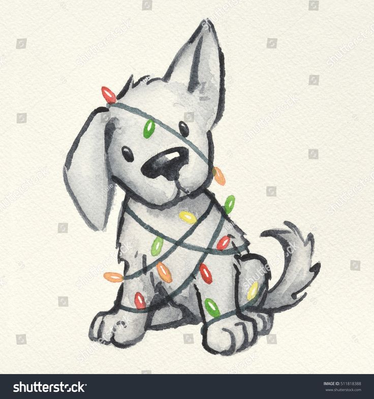 a watercolor drawing of a dog with christmas lights on it's collar and nose