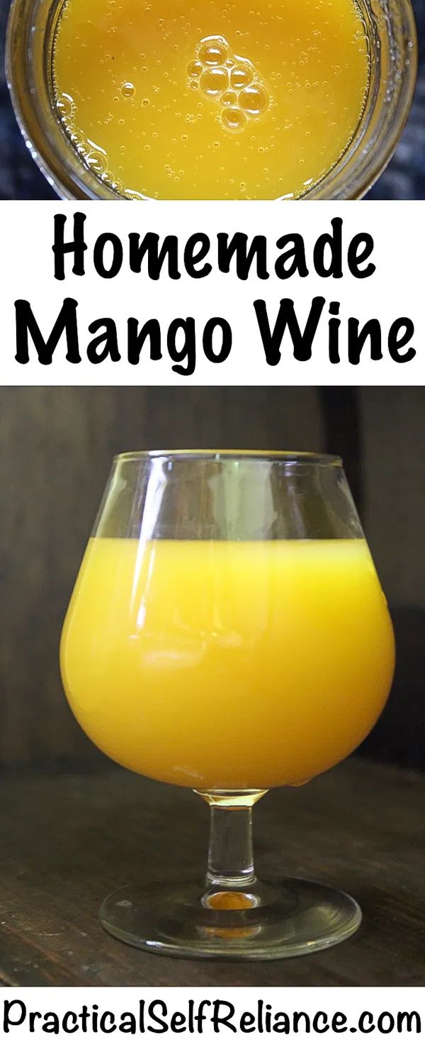 a glass filled with orange juice and the words homemade mango wine in front of it