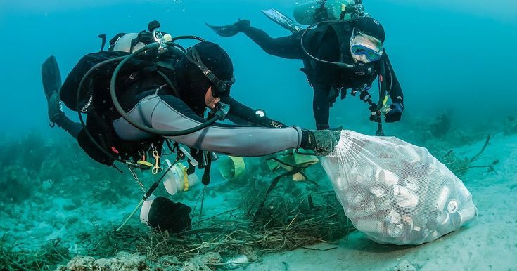 two scubas are picking up trash on the ocean floor