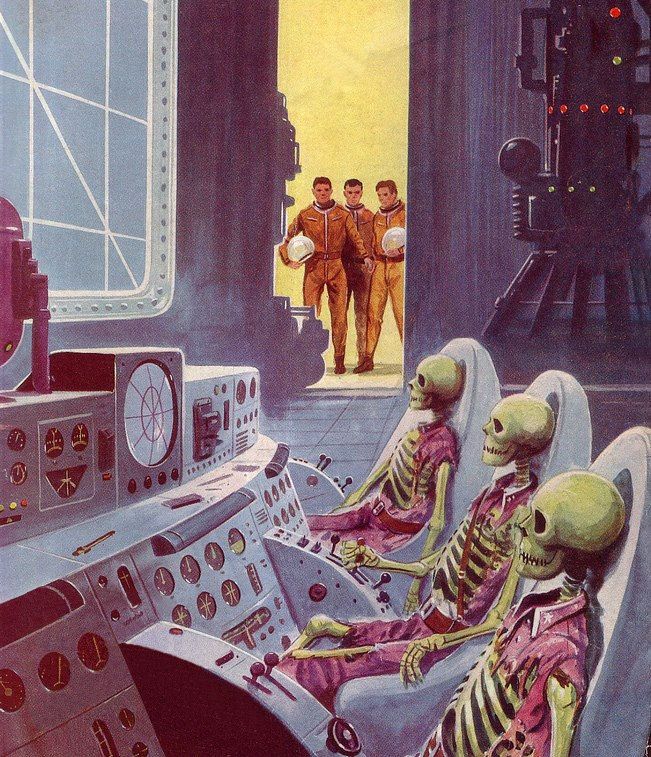 the cover to science fiction magazine, featuring two skeletons sitting in front of a control panel