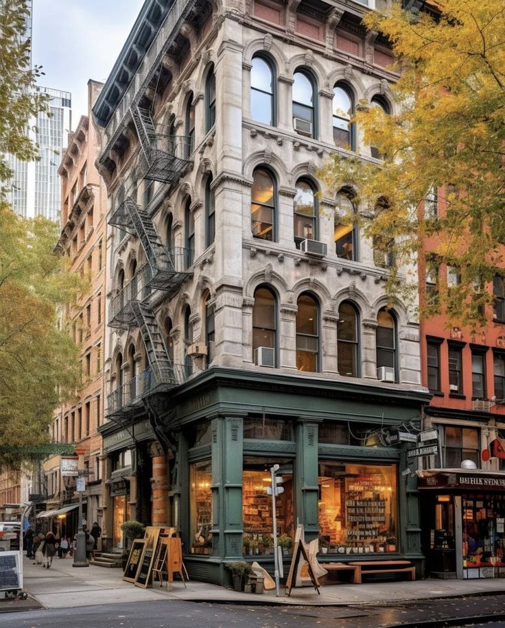 an old building on the corner of a city street with fire escapes in the windows