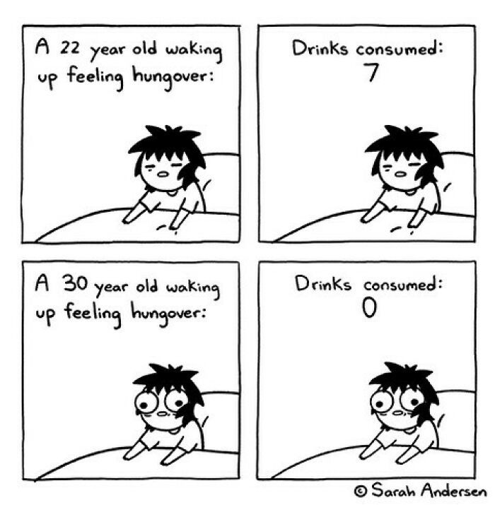 comic strip about drinking while lying in bed with the caption's saying, drinks consumed