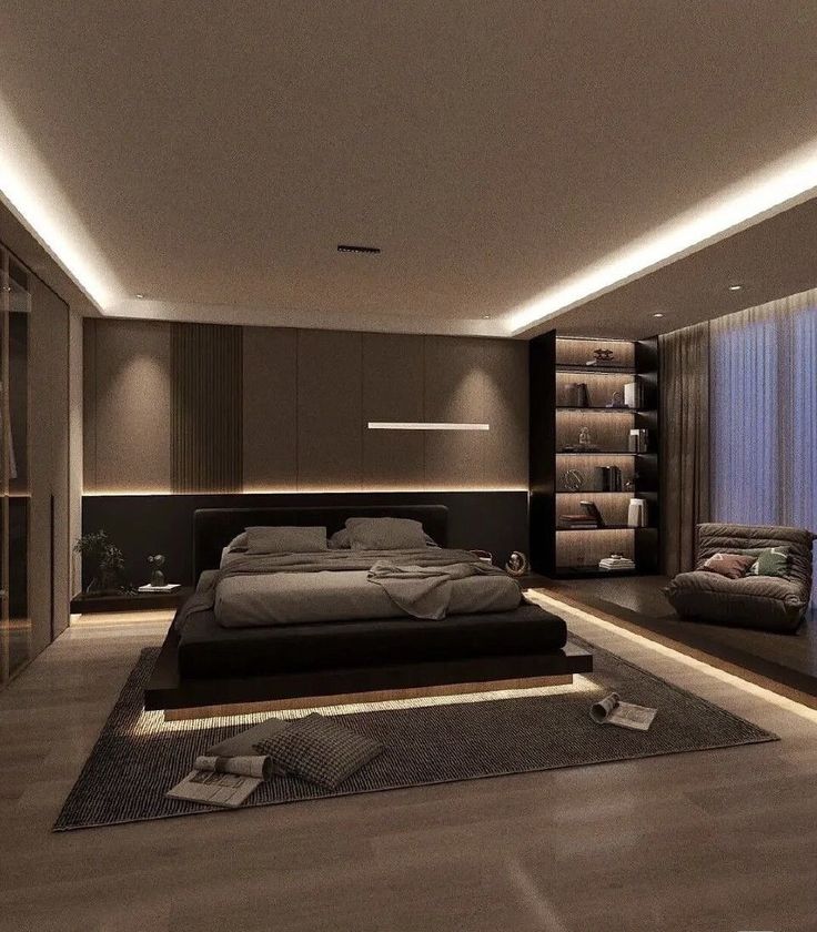 a modern bedroom with large bed and built in bookshelves