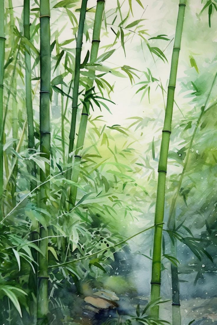 a painting of bamboo trees and rocks in the woods