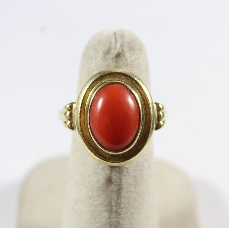 -Vintage 14k Gold Cabochon Natural Deep Red Orange Coral Ring -Ring size: 5.75 US -Coral size: 11.4 mm x 8.65 mm -Total weight: 4.3 g -Marked 585 Vintage Red Signet Ring With Oval Cabochon, Red Cabochon Ruby Ring In 14k Gold, 14k Gold Red Cabochon Ruby Ring, Vintage Red Oval Cabochon Signet Ring, Red Domed Gemstone Rings, 14k Gold Red Cabochon Ring, 14k Gold Cabochon Red Ring, Classic Red Oval Cabochon Signet Ring, 14k Gold Rings With Red Cabochon