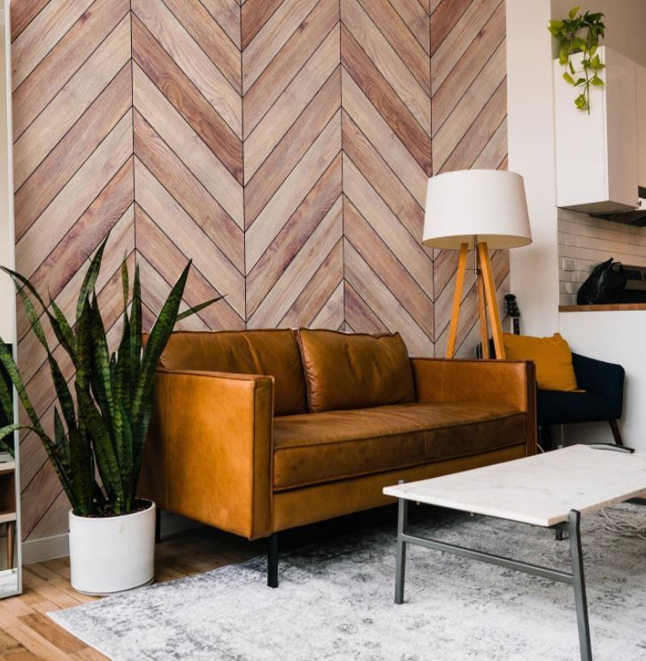 a living room with a couch, coffee table and potted plant on the floor