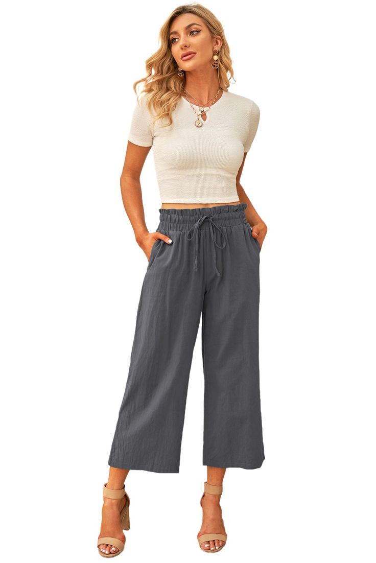 Gray Paperbag Waist Straight Leg Cropped Pants Casual Wide Leg Cotton Pants With Paperbag Waist, Casual Cotton Wide Leg Pants With Paperbag Waist, Casual Relaxed Fit Wide-leg Capris, Casual Wide-leg Relaxed Fit Capris, Relaxed Fit Summer Pants With Paperbag Waist, Relaxed Fit Paperbag Waist Pants For Summer, Casual Wide Leg Pants With Paperbag Waist For Work, Casual Gray High-waisted Wide Leg Pants, Casual Gray High Waist Wide Leg Pants