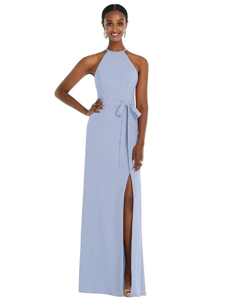 Halter Criss Cross Cutout Back Maxi Bridesmaid Dress | The Dessy Group Sky Blu, Cross Cutout, Crepe Maxi Dress, Dessy Collection, Trumpet Skirt, Maxi Bridesmaid Dresses, Infinity Dress, Dress Order, Matte Satin