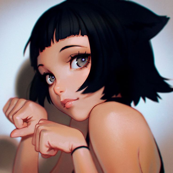 an animated woman with black hair and blue eyes