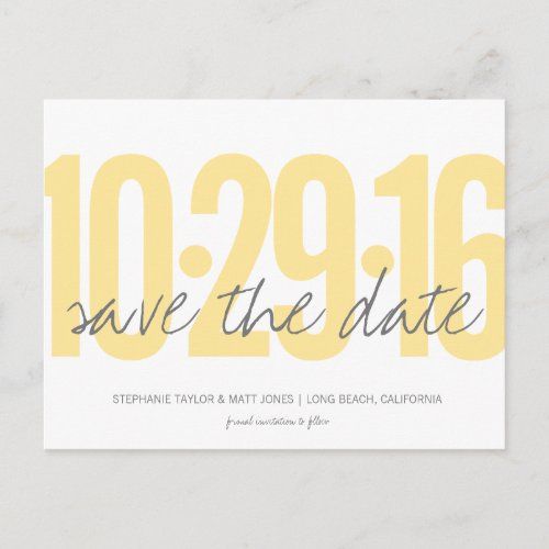 save the date card in yellow and white