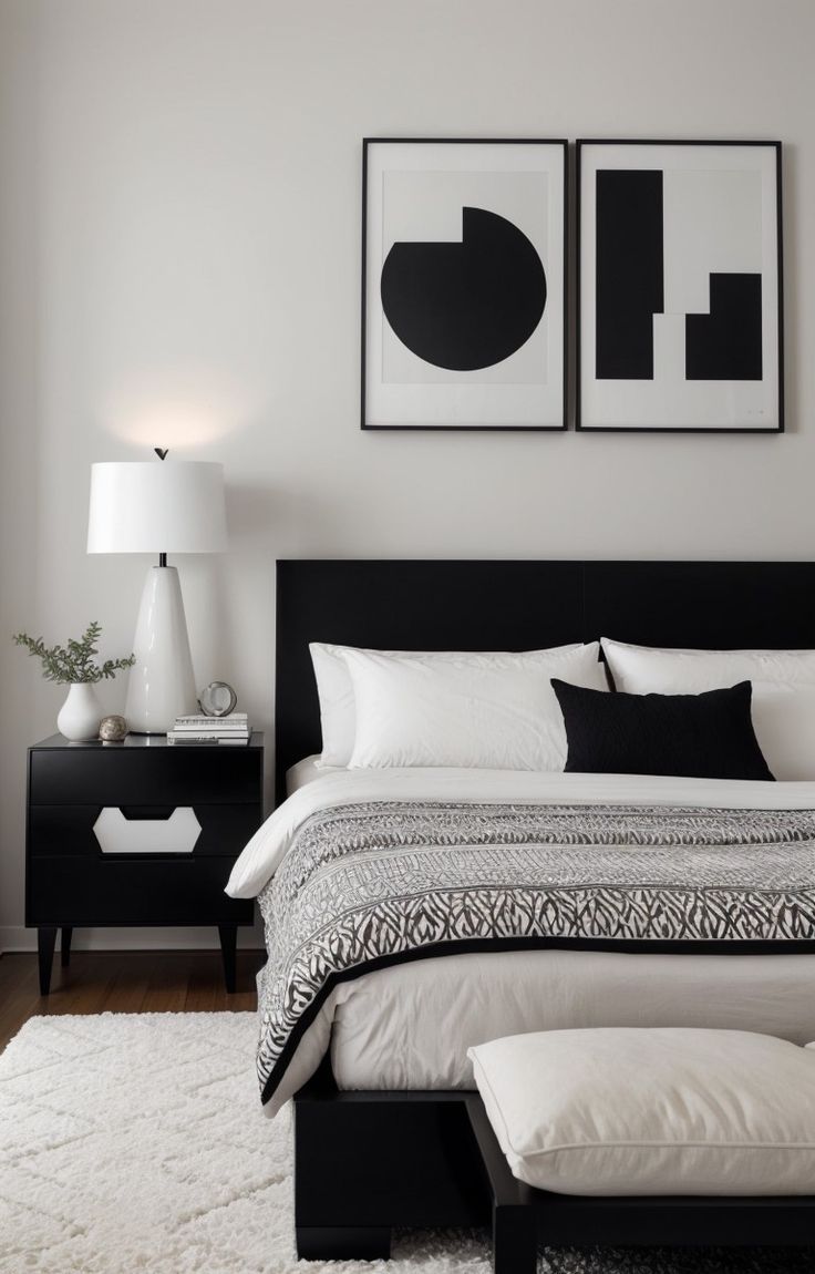 a black and white bedroom with two pictures above the bed