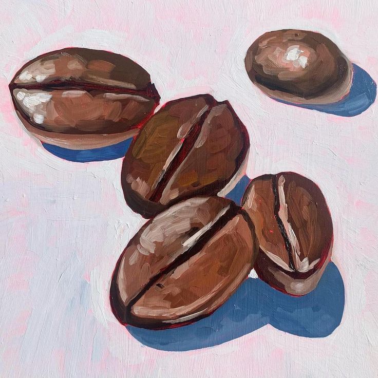 an oil painting of nuts on a pink background