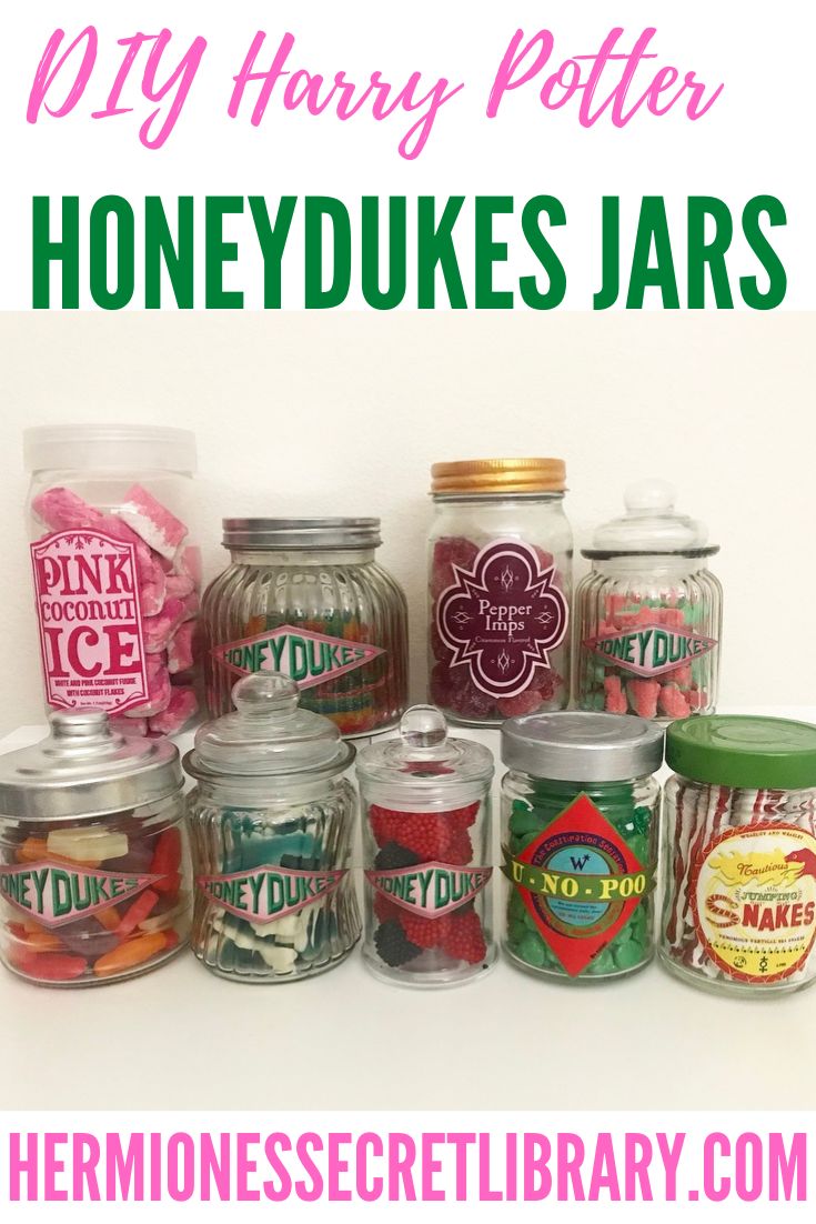 many jars filled with different types of candy on top of a white table next to the words, diy harry potter honeybukes jars