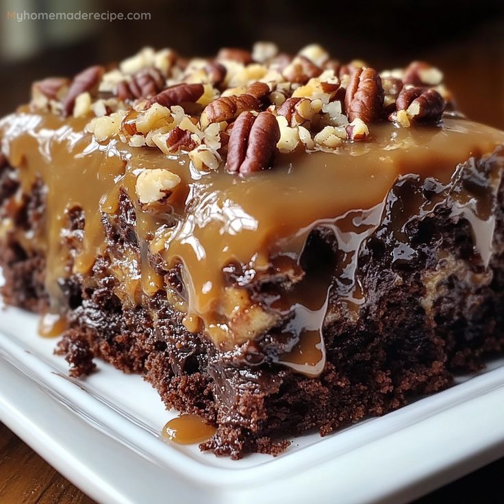 a piece of chocolate cake with pecans on top and caramel drizzle