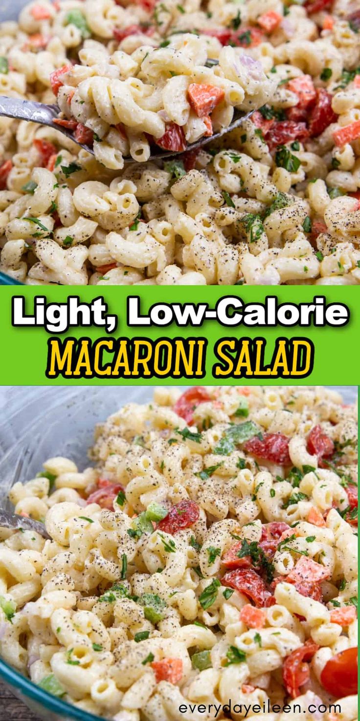 this light, low - calorie macaroni salad is loaded with lots of fresh ingredients