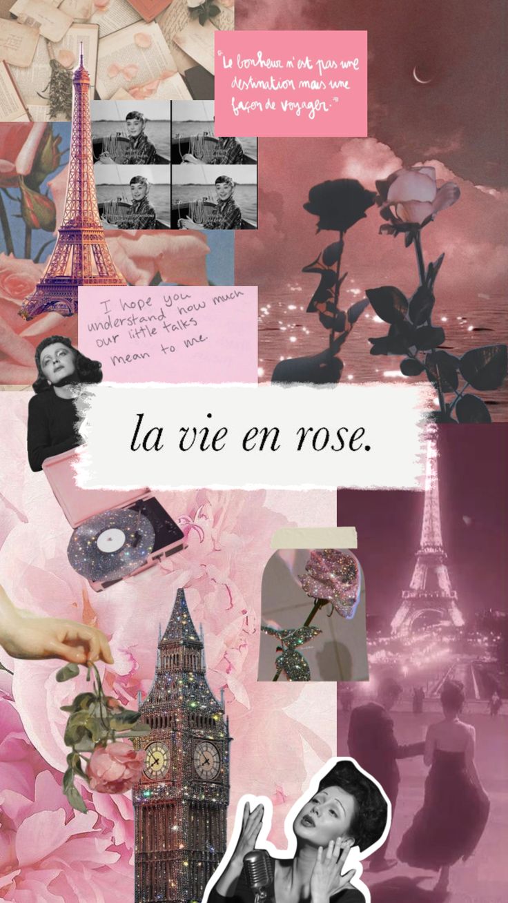 the collage has pink flowers and pictures on it, including a clock tower in the background