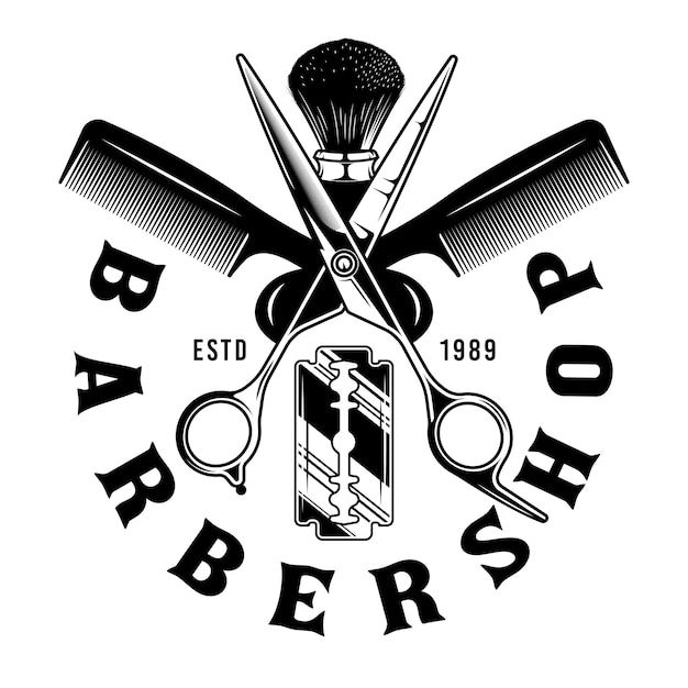 the logo for barbershop with scissors and shaving razors on white background