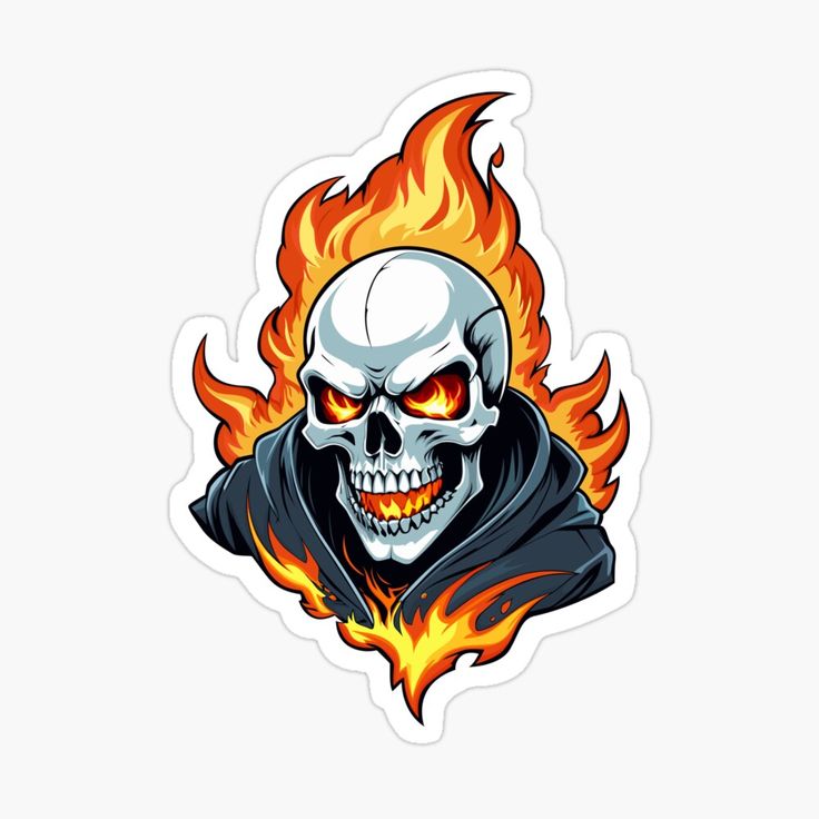 a skull with flames on its face sticker is shown in the shape of a flame