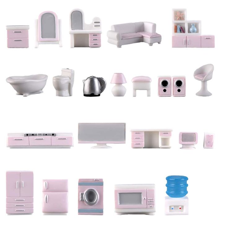 there are many different types of appliances in this photo set, all pink and white