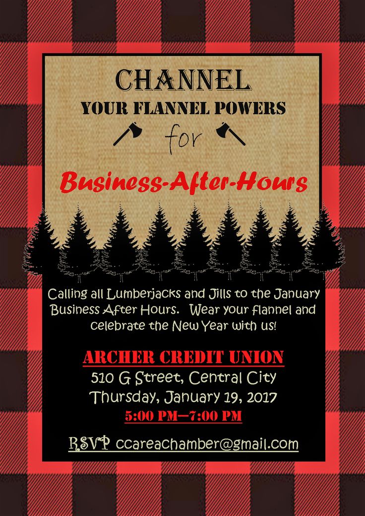 a red and black flyer for a business after hours event with trees in the background