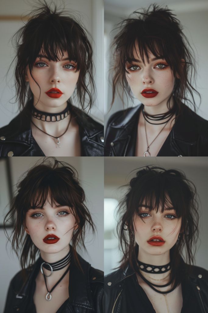 Goth Bangs Long Hair, Wolf Cut Shaved Sides, Dyed Wolf Cut, Bangs Haircut Ideas, Bang Inspo, Haircut Ideas Trendy, Bangs Haircut, Cherry Red Hair, Drag Make-up