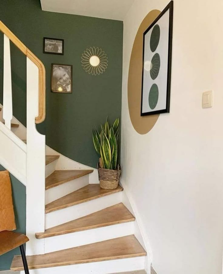 there is a potted plant sitting on the top of some stairs in this house