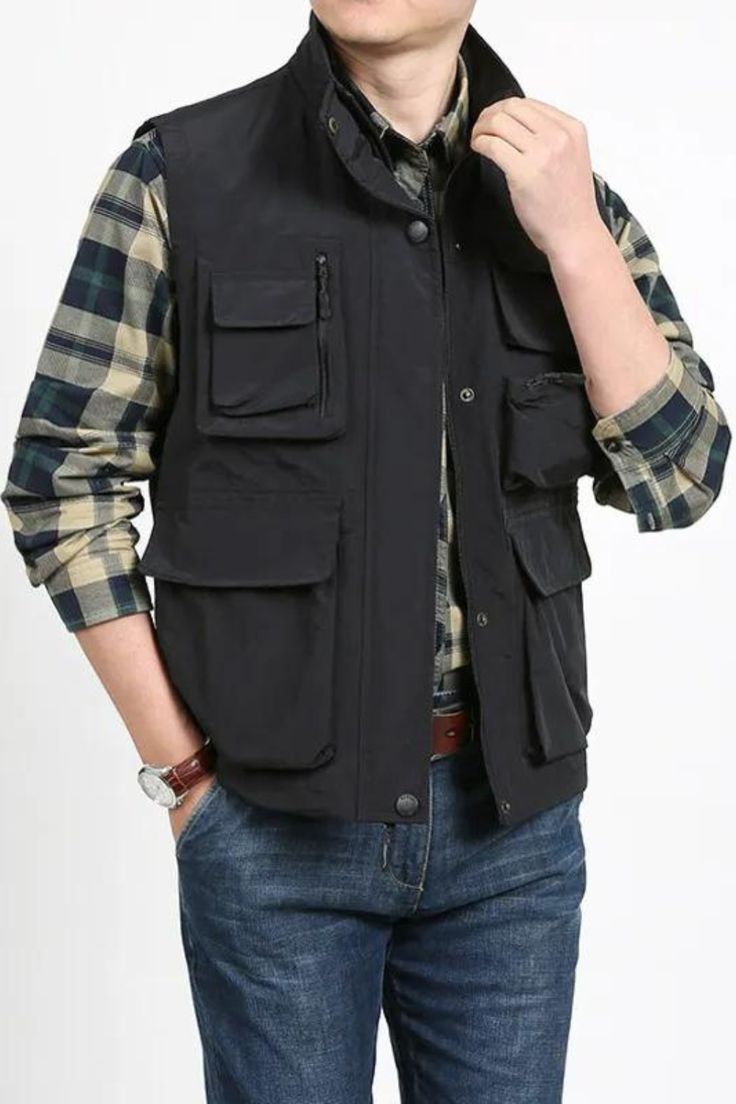 Applicable Scene: Casual Style: Casual Applicable Season: Spring and Autumn Material: COTTON Clothing Length: Regular Type: LOOSE Item Type: Outerwear & Coats Detachable Part: NONE Collar: Collarless Closure Type: zipper Hooded: No Pattern Type: Solid Closure Type: zipper Outerwear Type: Vest Gender: MEN Sleeveless Military Style Outdoor Outerwear, Military Style Vest With Pockets For Streetwear, Spring Military Vest With Pockets, Black Military Outerwear With Multiple Pockets, Black Military Vest With Pockets, Outwear Jackets, Pocket Jacket, Sleeveless Jacket, Military Men