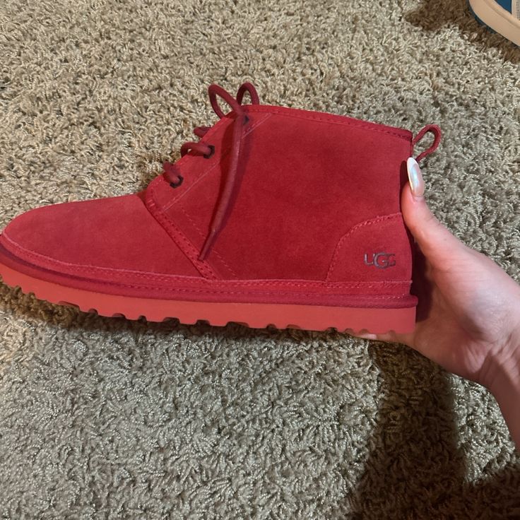 Brand New Red Leather Casual Boots, Red Casual Leather Boots, Casual Red Leather Boots, Casual Red Suede Sneakers, Casual Red Lace-up Boots, Casual Red Winter Sneakers, Red Winter Sneakers With Rubber Sole, Casual Boots With Red Sole And Round Toe, Casual Lace-up Boots With Red Sole