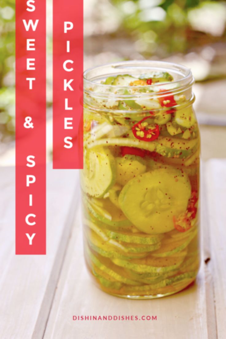 pickles and spices in a jar on a wooden table with the words sweet pickles and spicy