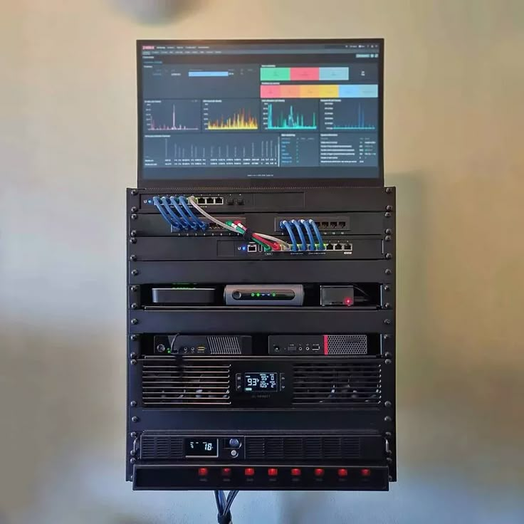 a laptop computer sitting on top of a stack of electronic equipment in front of a wall