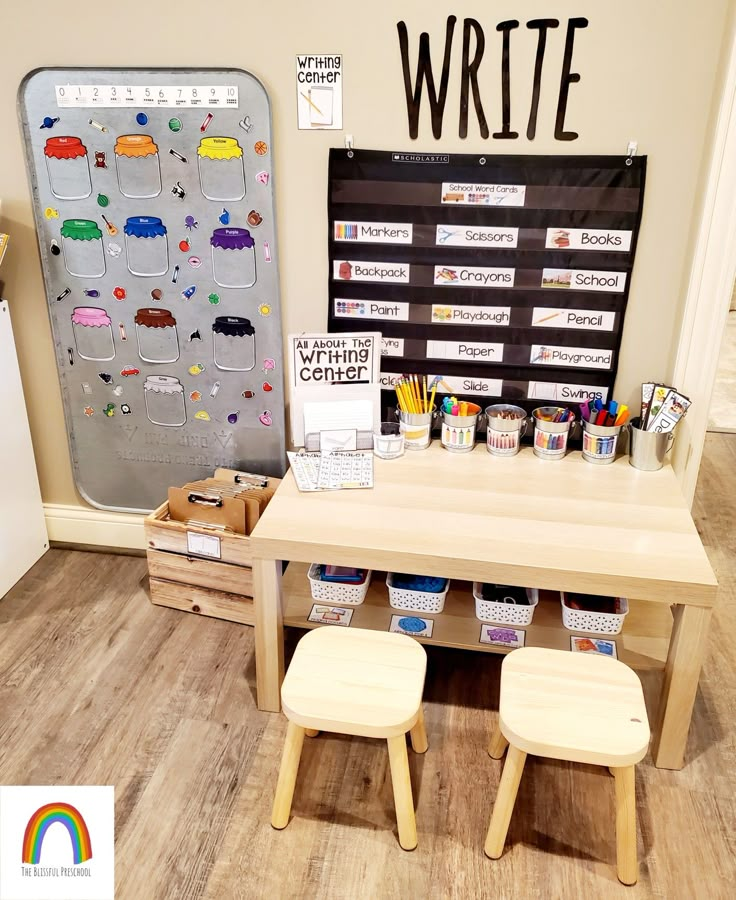 a child's writing station with two stools and a bulletin board in the background