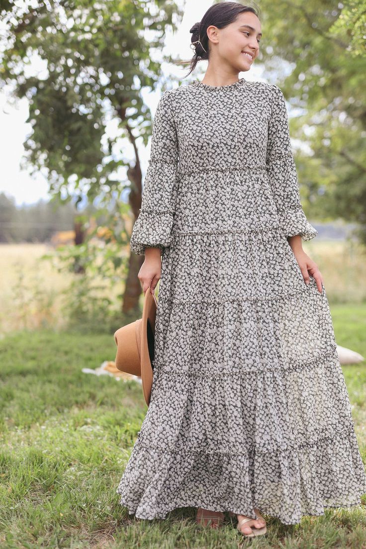 Afternoon in the Orchard Dress | Modest Women's Dresses Maxi Dress For Fall, Swimsuit Ruffles, Green Floral Maxi Dress, Blouse Hijab, Modest Blouse, Swimwear Modest, Modest Top, Modest Skirt, Modest Maxi Dress