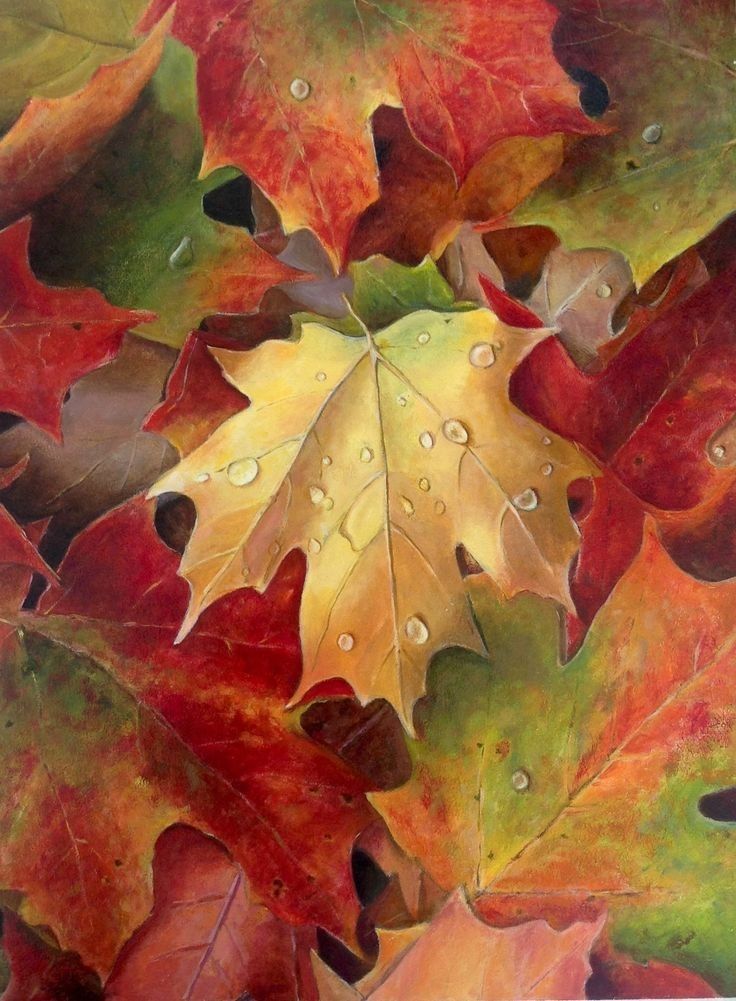 colorful leaves with drops of water on them are seen in this painting by an artist