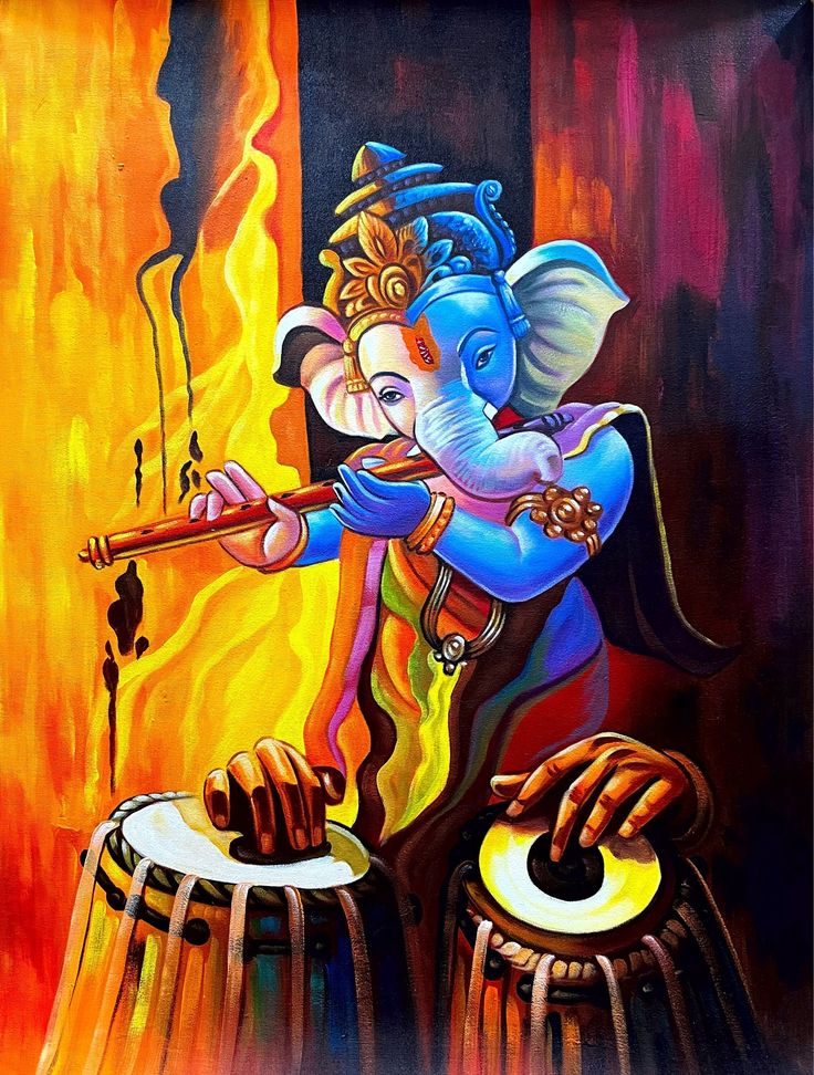 an oil painting of a ganeshi playing the tabla drums with fire in the background