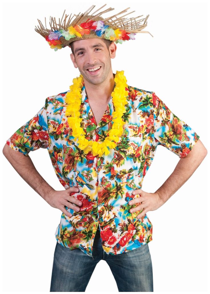 a man wearing a hawaiian shirt and flower lei standing with his hands on his hips