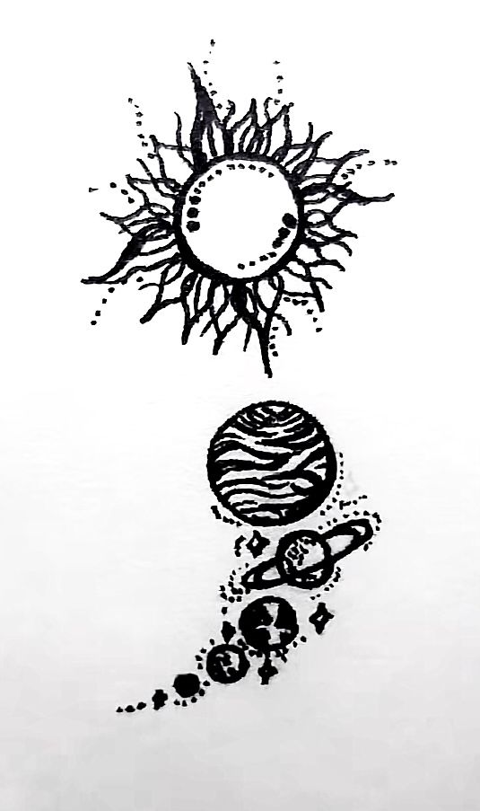 an ink drawing of the sun and planets