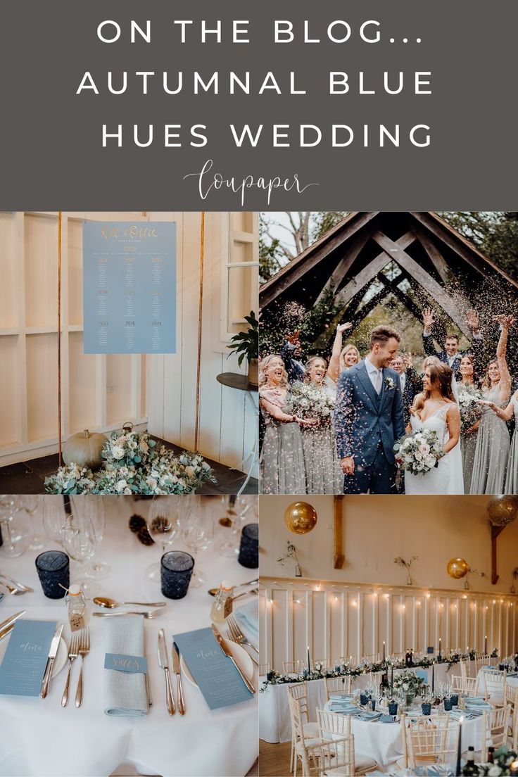 a collage of wedding photos with the words on the blog autumn blue hues wedding