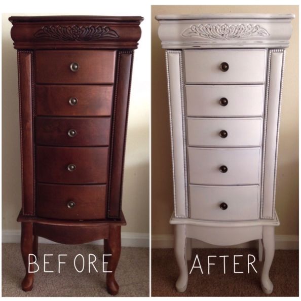 before and after photos of an old dresser turned into a jewelry armoire with white paint