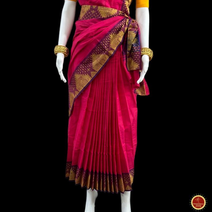 Design by Classical Dance Jewelry® ❥ A collection of colorful and elegant dance sarees in cotton fabric with minimalistic patterns for all the ladies who are ardent fans of our traditional dance. ❥ These sarees are also known as Kalakshethra sarees. ❥ Dance practice sarees have different measurements than the usual sarees and can't be used as a party wear or casual wear. ❥ It is made of pure cotton saree with plain contrast color borders.These practice sarees worn over pajamas / pants and a chol Festival Cotton Silk Pre-draped Saree With Traditional Drape, Pre-draped Cotton Silk Saree For Festivals, Pink Cotton Silk Traditional Wear For Transitional Season, Transitional Pink Cotton Silk Traditional Wear, Pink Cotton Silk Traditional Wear For Navratri, Navratri Pink Cotton Silk Traditional Wear, Bollywood Style Pink Cotton Silk Traditional Wear, Traditional Pink Pre-draped Saree For Diwali, Pink Bollywood Traditional Wear In Traditional Drape